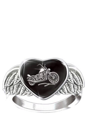 Silver Heart Ring with Black Enamel Motorcycle Motif Size 11 New